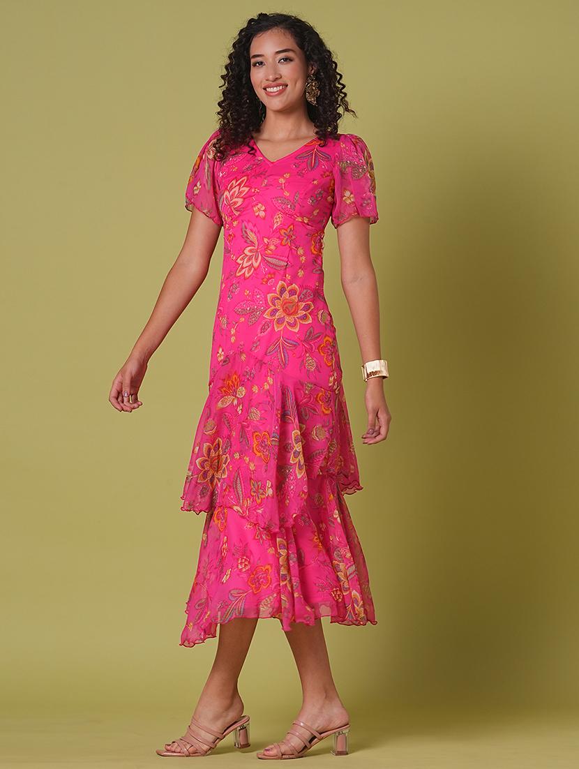 globus women pink v-neck flared sleeves floral print layered fit & flare maxi party dress - 21908474 - Standard Image - 1