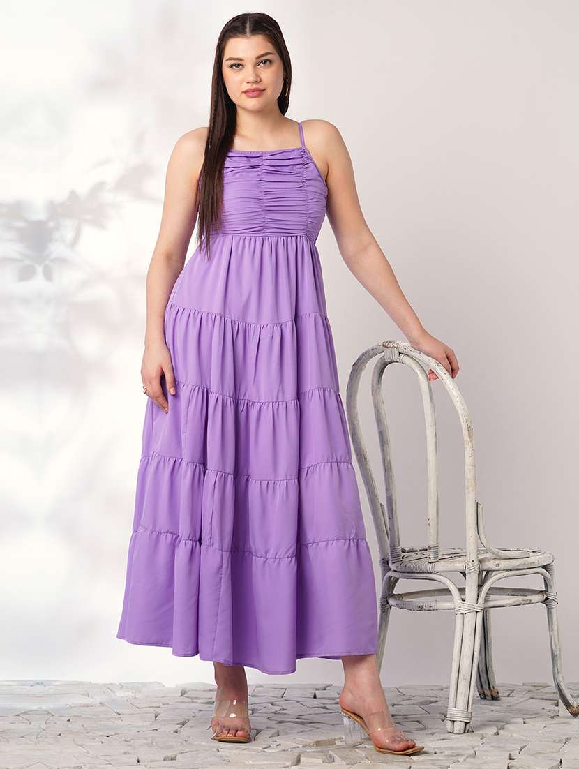 globus women lavender square neck strappy shoulder ruched smocked cut-outs detail tiered fit & flare maxi party dress