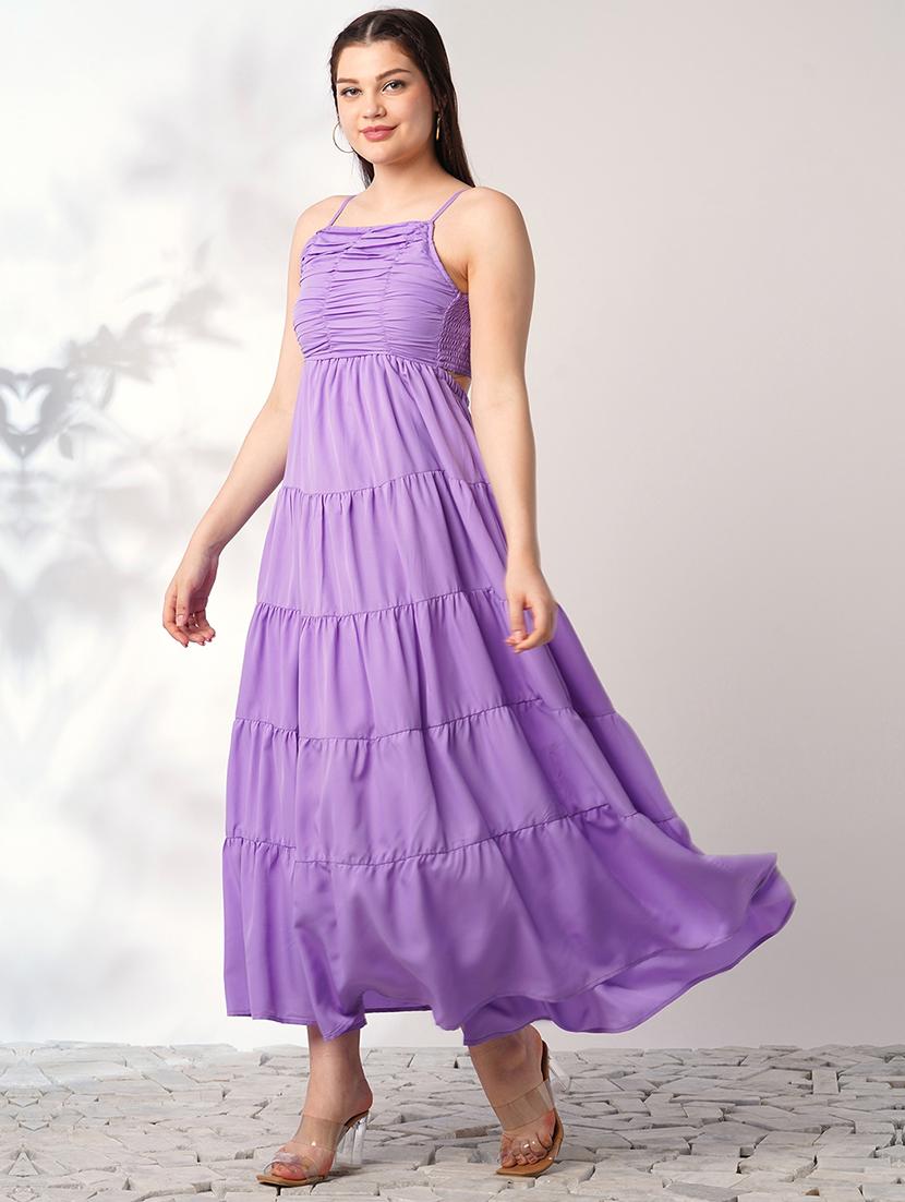 globus women lavender square neck strappy shoulder ruched smocked cut-outs detail tiered fit & flare maxi party dress - 21908477 - Standard Image - 1