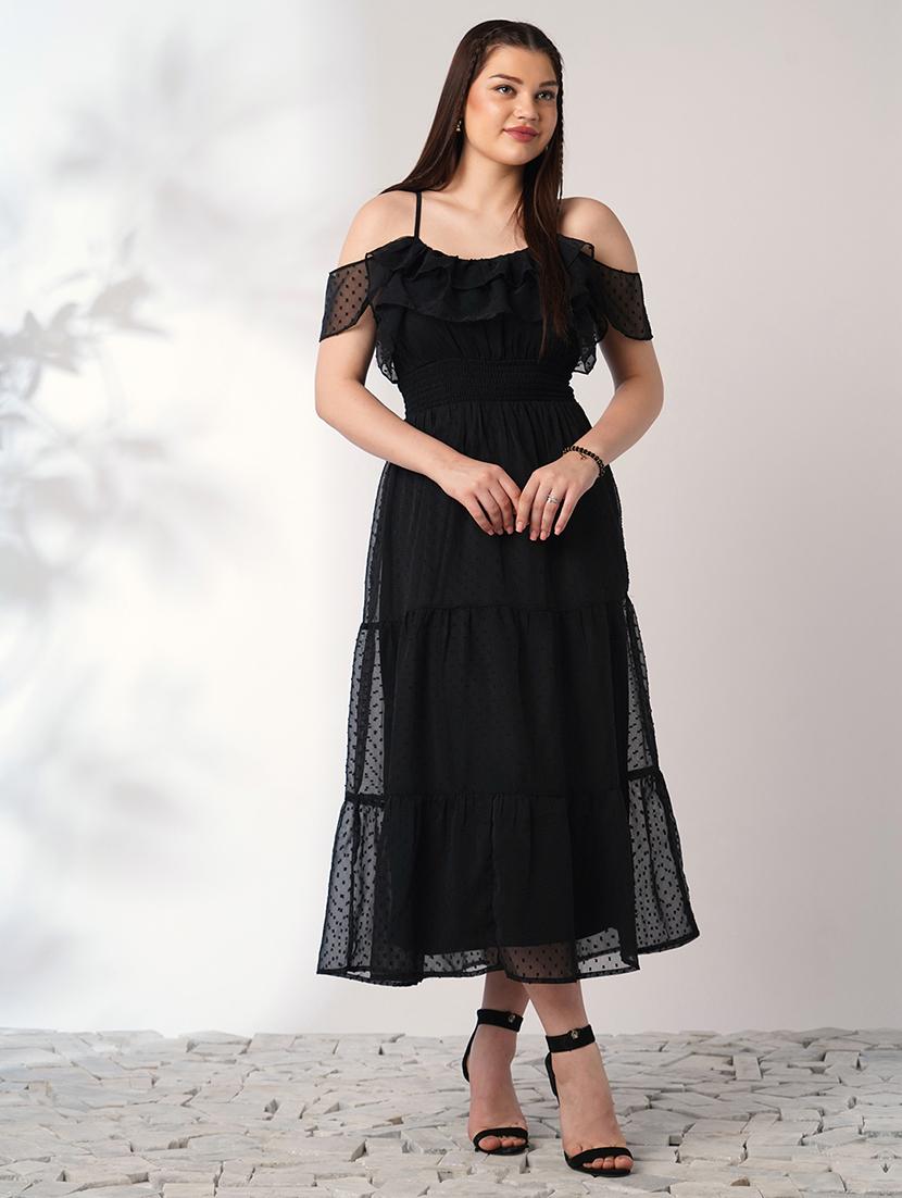 globus women black off shoulder self design ruffles detail smocked fit & flare midi party dress - 21908478 -  Zoom Image - 0