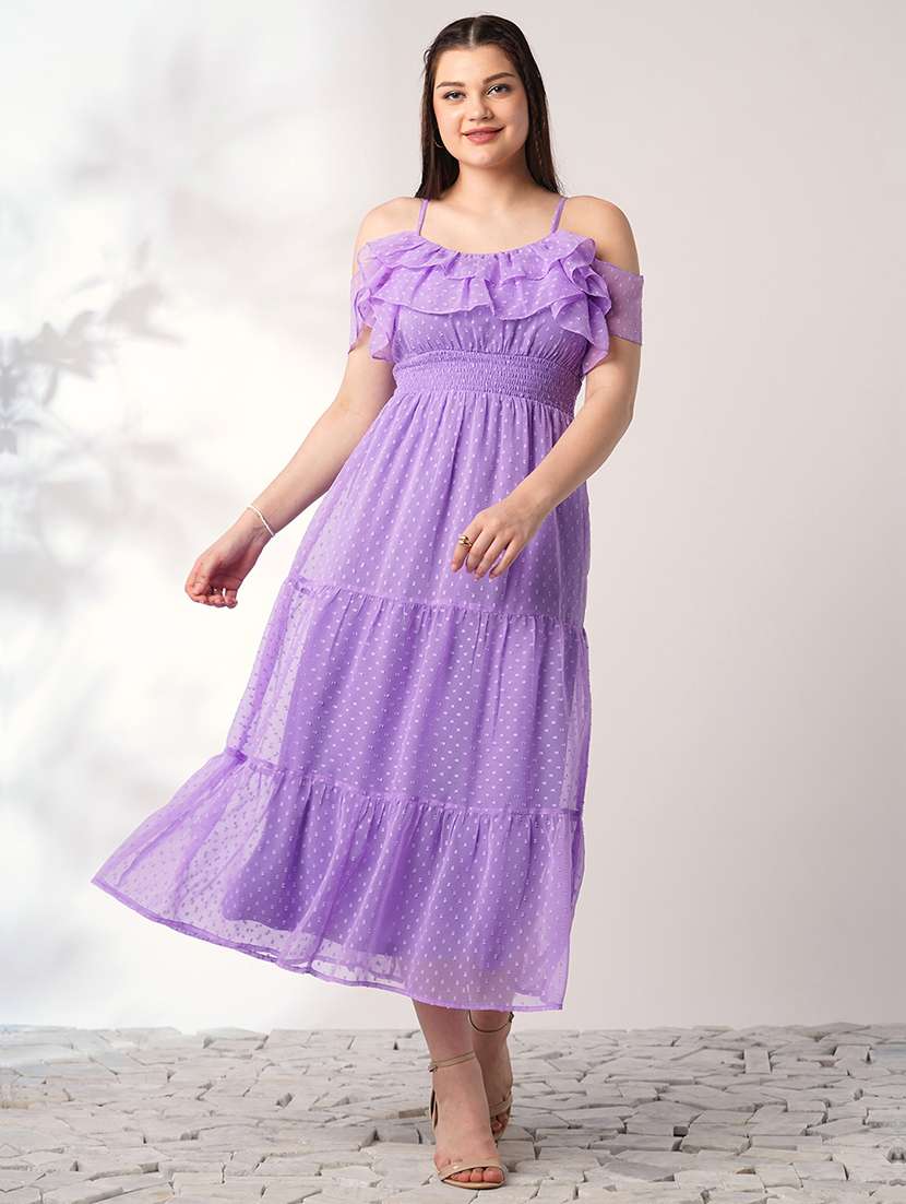 globus women lavender off shoulder self design ruffles detail smocked fit & flare midi party dress - 21908479 -  Zoom Image - 0
