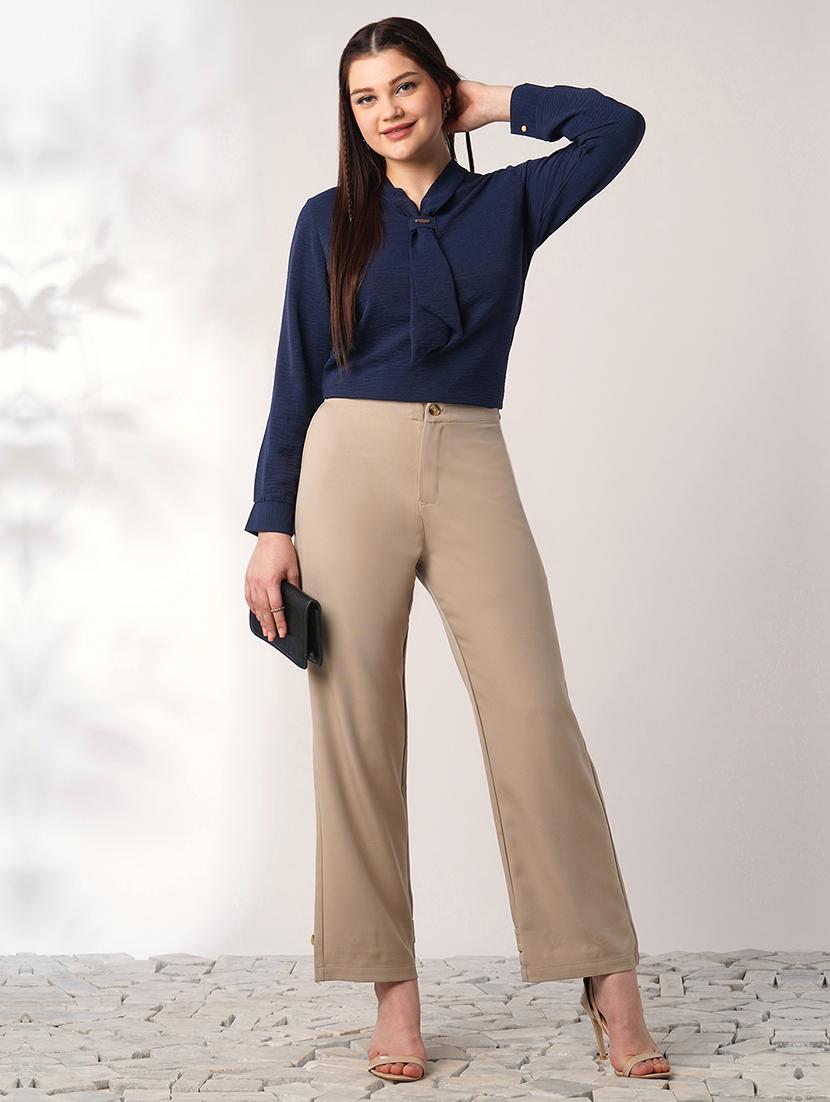 globus women navy blue tie-up neck cuffed sleeves workwear top - 21908482 - Standard Image - 4