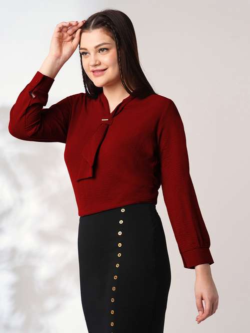 globus women maroon tie-up neck cuffed sleeves workwear top - 21908483 -  Standard Image - 0