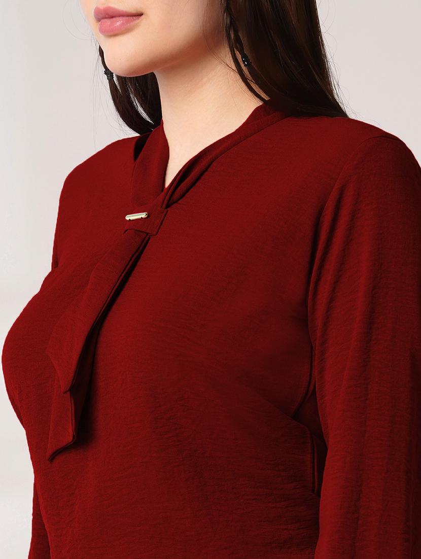 globus women maroon tie-up neck cuffed sleeves workwear top - 21908483 - Standard Image - 4