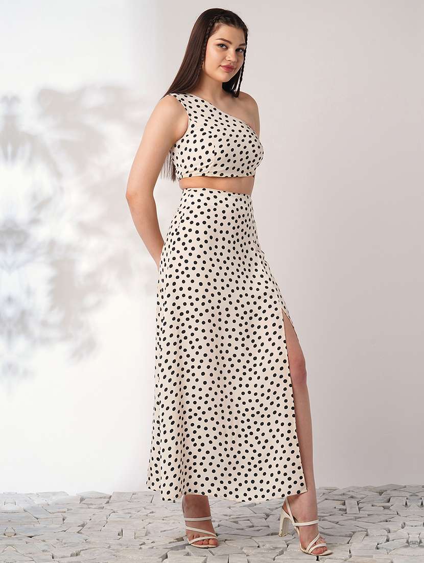 globus women multi color polka print one shoulder crop top with side slit maxi skirt co-ord set - 21908485 -  Standard Image - 1