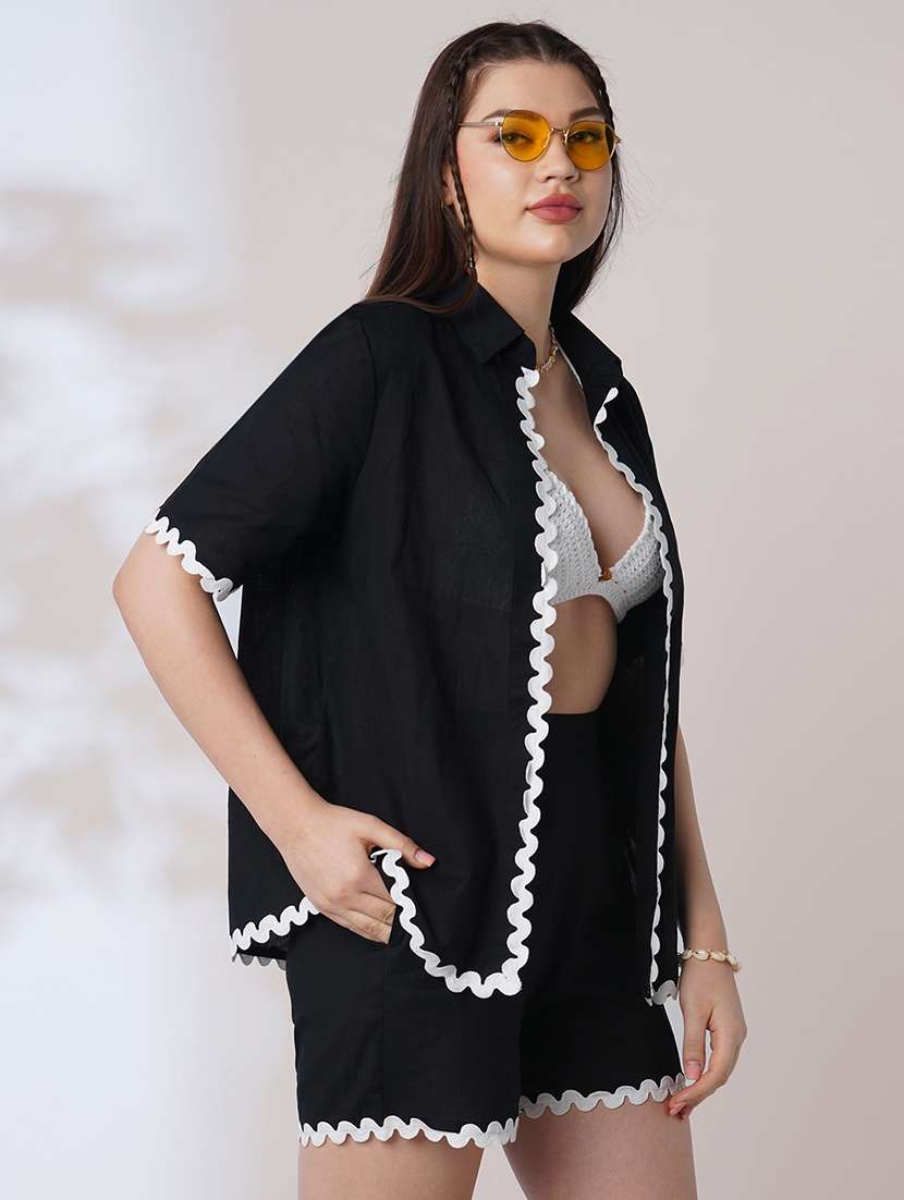 globus women black collared neck lace detailing oversized shirt with shorts co-ords set - 21908486 - Standard Image - 1