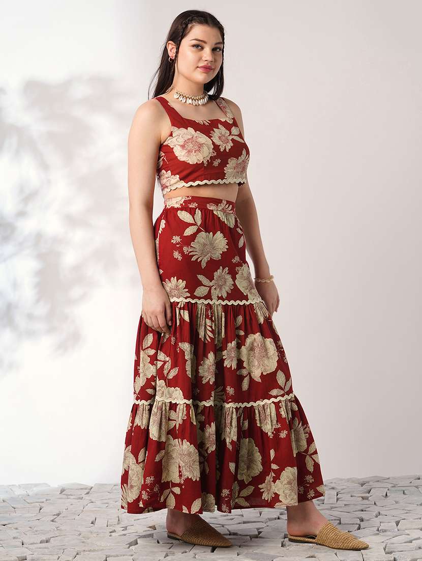 globus women red floral print square neck lace insert crop top with tiered maxi skirt ethnic co-ord set - 21908488 -  Standard Image - 1