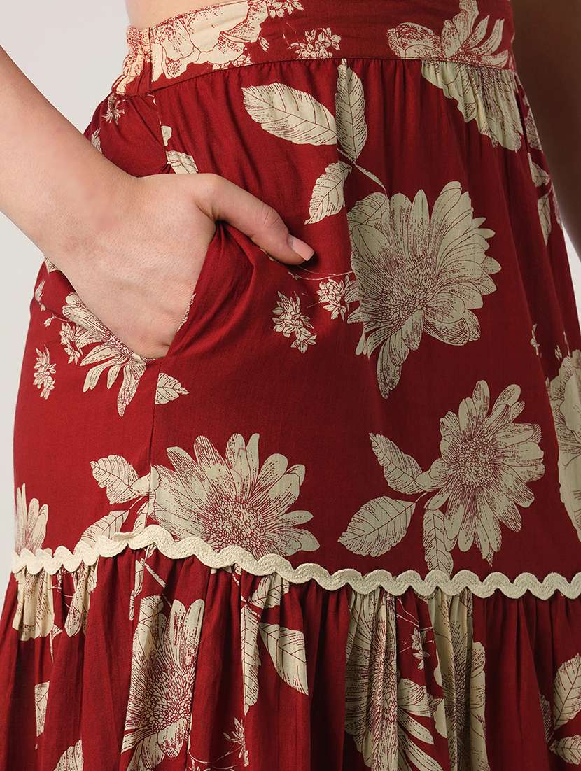 globus women red floral print square neck lace insert crop top with tiered maxi skirt ethnic co-ord set - 21908488 -  Standard Image - 4