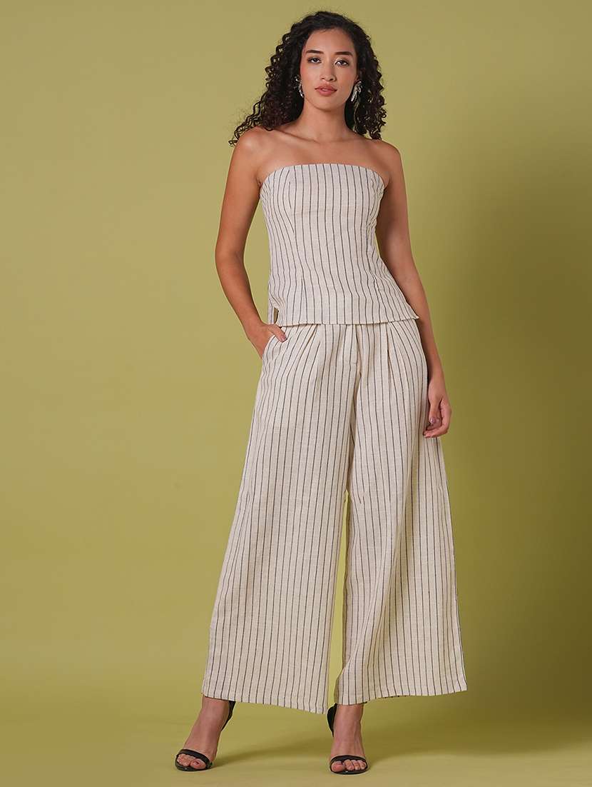 globus women beige striped pattern smocked off shoulder top with wide leg trousers co-ord set