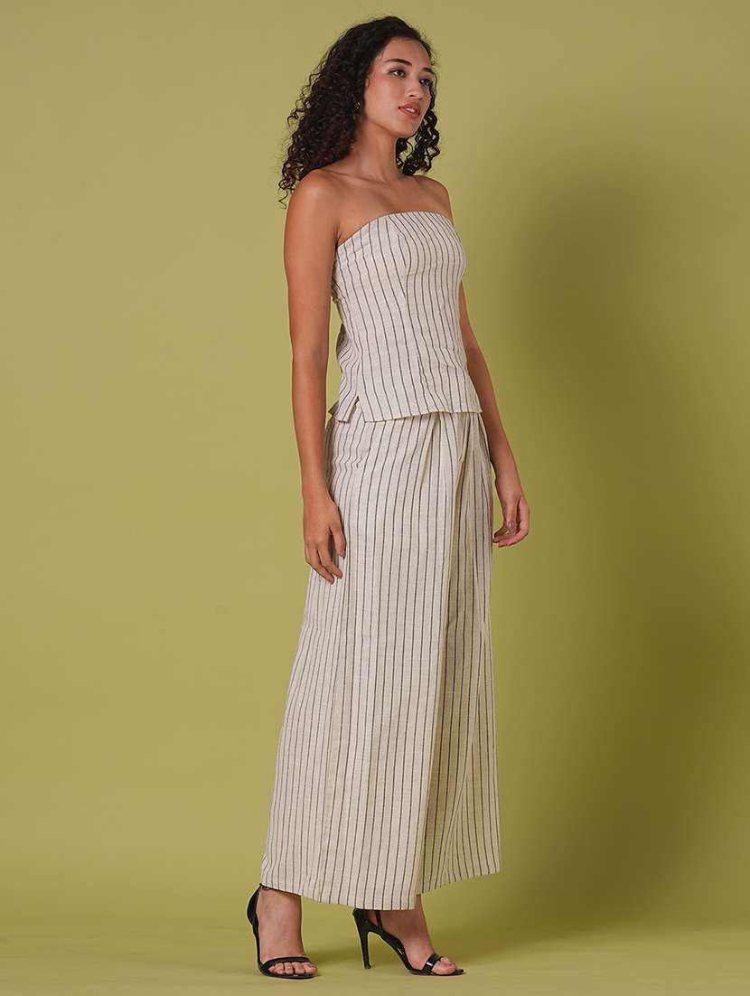 globus women beige striped pattern smocked off shoulder top with wide leg trousers co-ord set - 21908489 -  Standard Image - 1