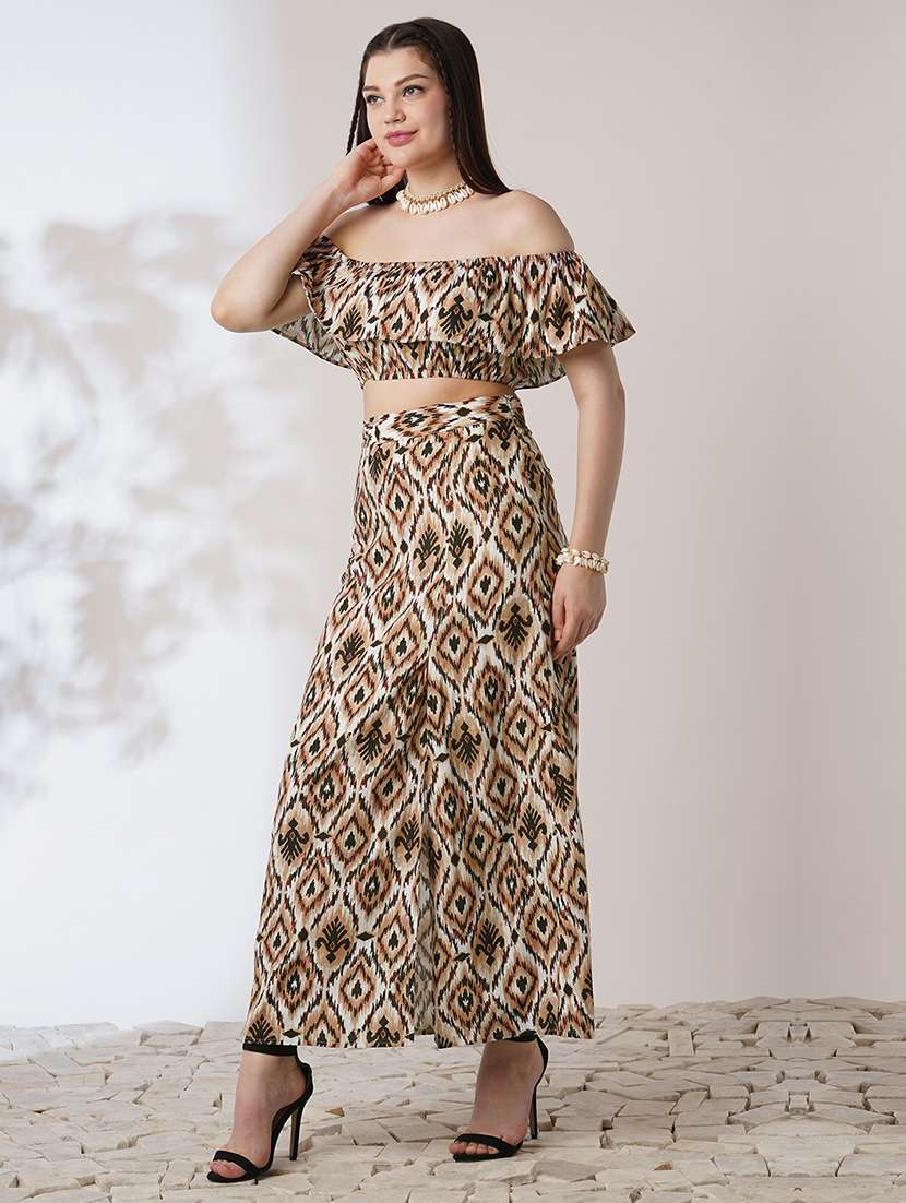 globus women brown ikat print off shoulder ruffle fitted crop top with side slit maxi skirt co-ord set - 21908490 - Standard Image - 1