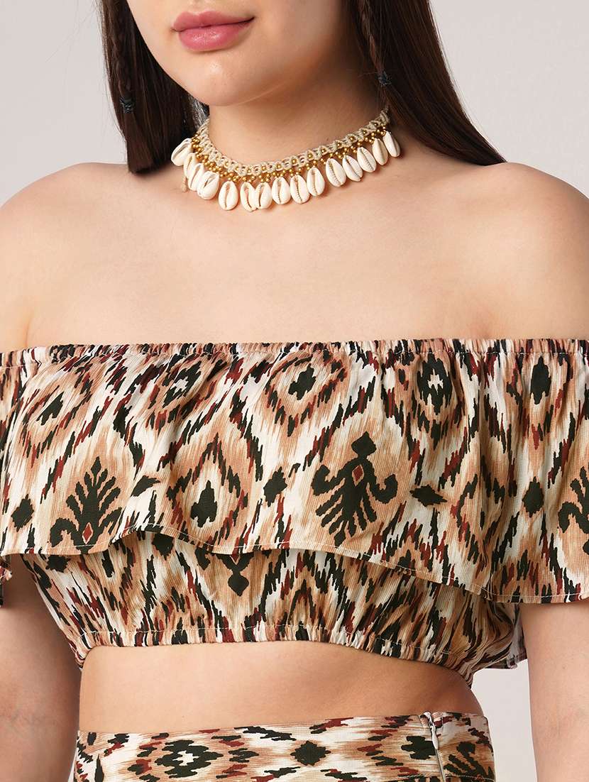 globus women brown ikat print off shoulder ruffle fitted crop top with side slit maxi skirt co-ord set - 21908490 - Standard Image - 4