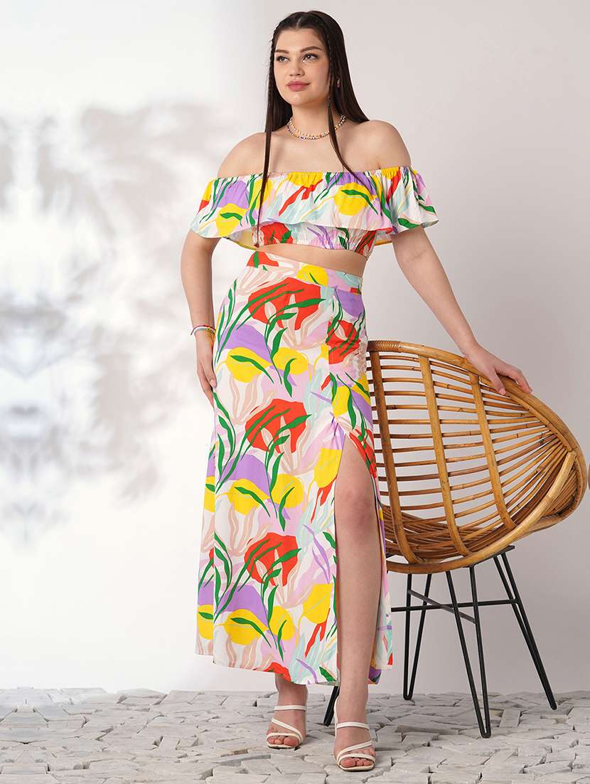 globus women multi color floral print off shoulder ruffle fitted crop top with side slit maxi skirt co-ord set