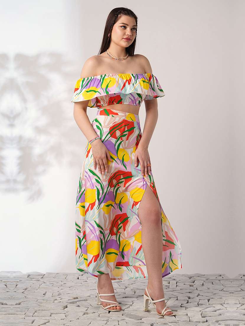 globus women multi color floral print off shoulder ruffle fitted crop top with side slit maxi skirt co-ord set - 21908491 -  Standard Image - 1