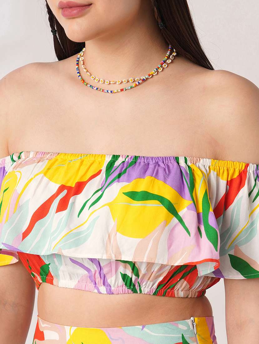 globus women multi color floral print off shoulder ruffle fitted crop top with side slit maxi skirt co-ord set - 21908491 -  Standard Image - 4