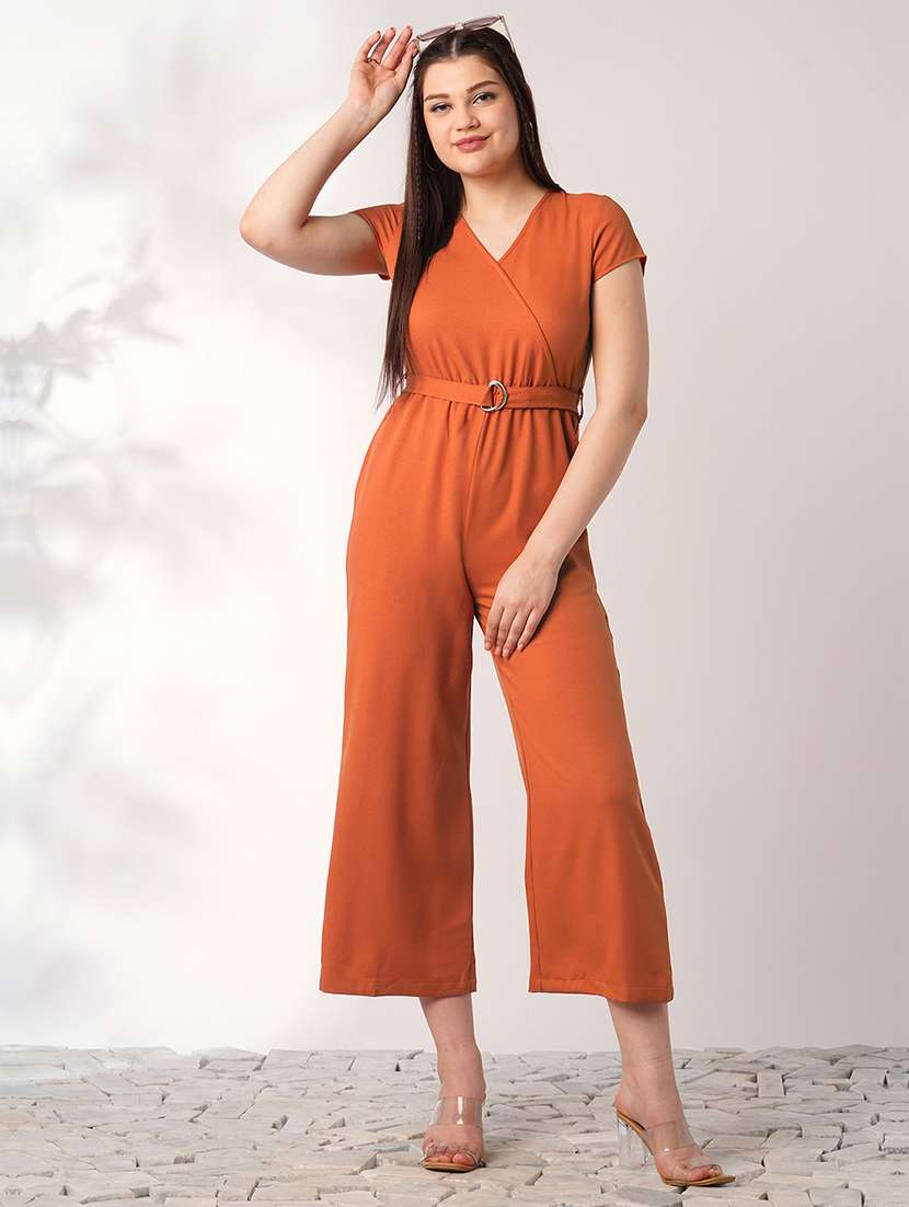 globus women rust wrap v-neck short sleeves belted long jumpsuit - 21908494 - Zoom Image - 0