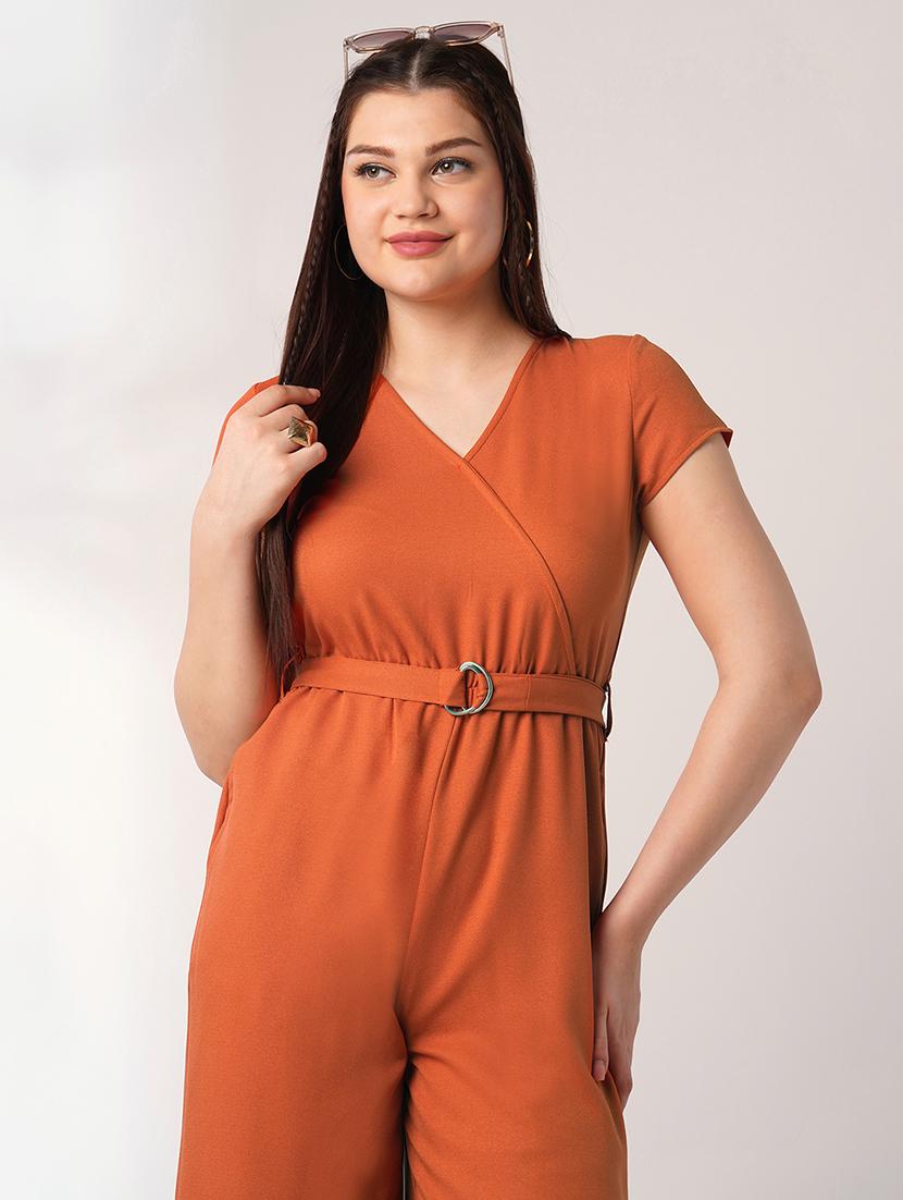globus women rust wrap v-neck short sleeves belted long jumpsuit - 21908494 -  Standard Image - 4