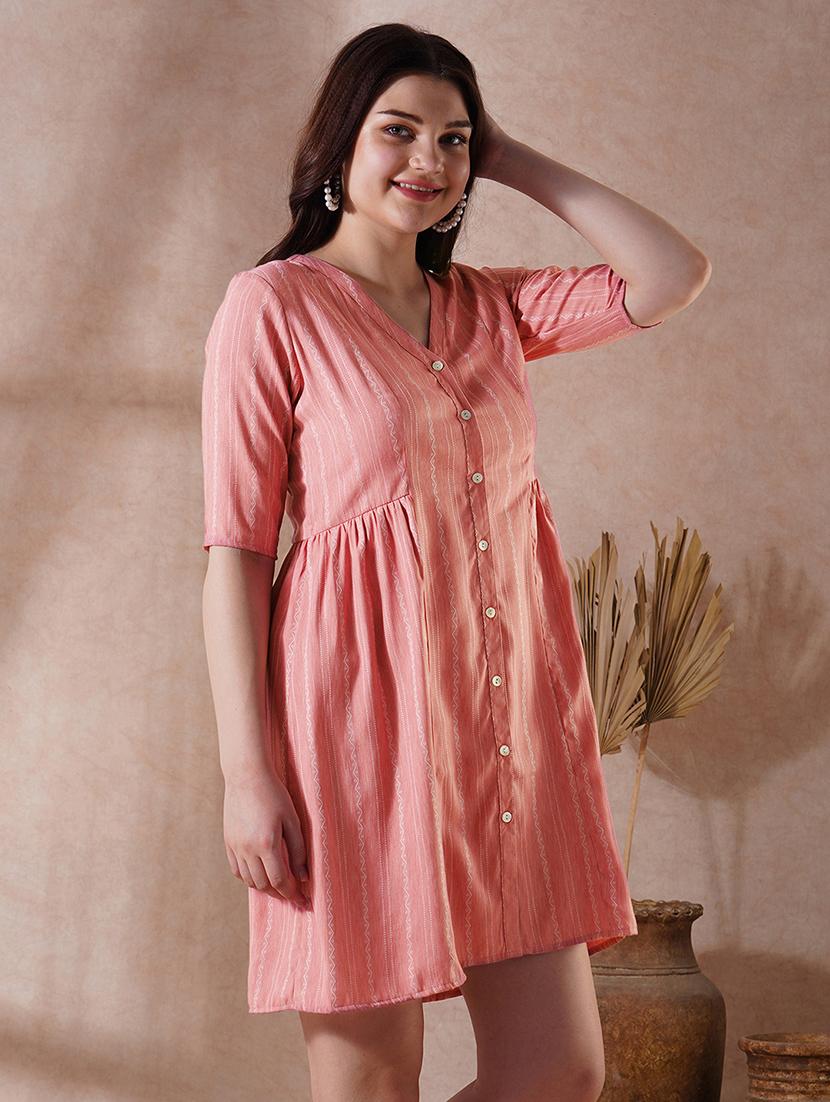 globus women pink self design v-neck embroidered detail button down a-line mini dress - 21908497 - Standard Image - 1
