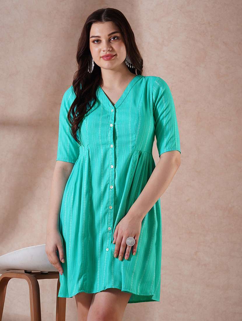 globus women sea green self design v-neck embroidered detail button down a-line mini dress - 21908498 -  Standard Image - 1