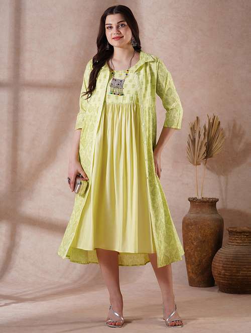 globus women green strappy shoulder gathered a-line midi ethnic dress with shirt style printed shrug - 21908499 -  Standard Image - 0