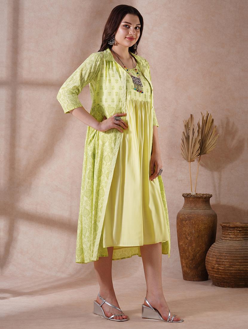 globus women green strappy shoulder gathered a-line midi ethnic dress with shirt style printed shrug - 21908499 - Standard Image - 1