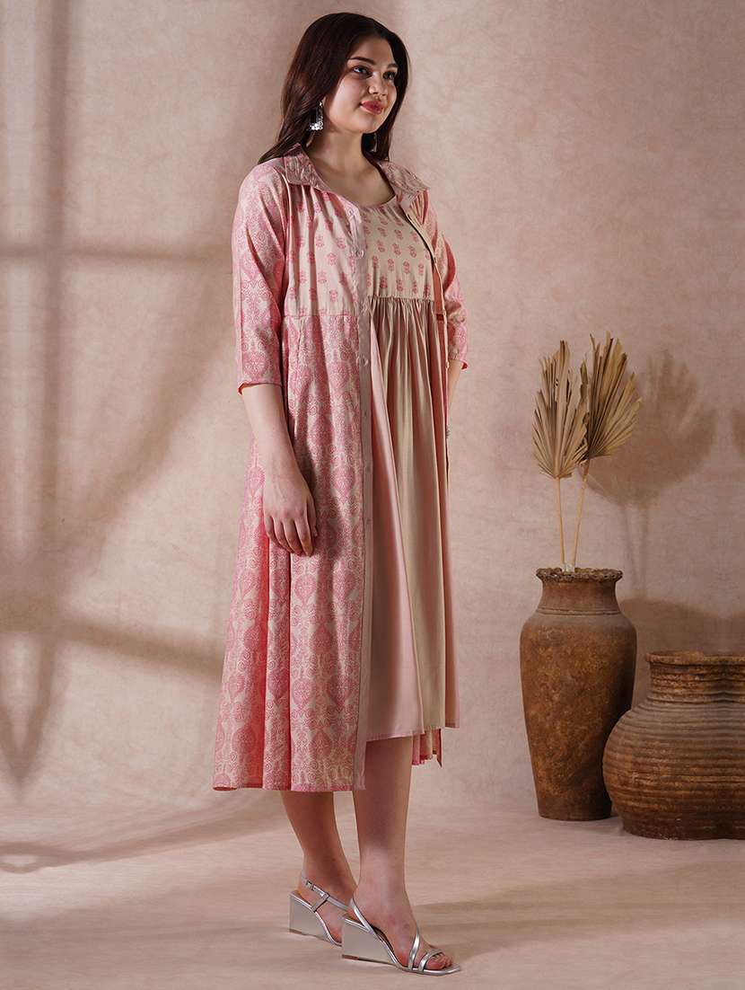 globus women peach strappy shoulder gathered a-line midi ethnic dress with shirt style printed shrug - 21908500 -  Standard Image - 1