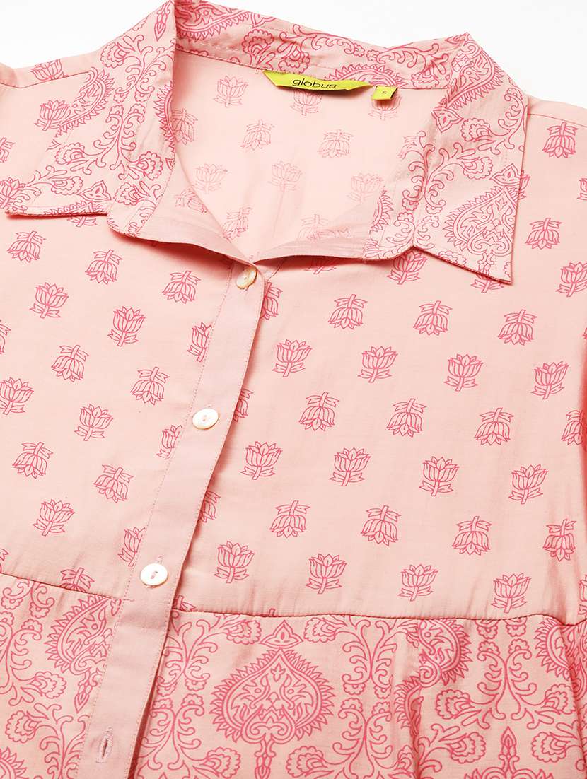 globus women peach strappy shoulder gathered a-line midi ethnic dress with shirt style printed shrug - 21908500 -  Standard Image - 4