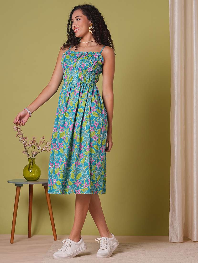 globus women teal floral print square neck strappy shoulder gathered fit & flare midi fusion dress - 21908504 -  Standard Image - 1