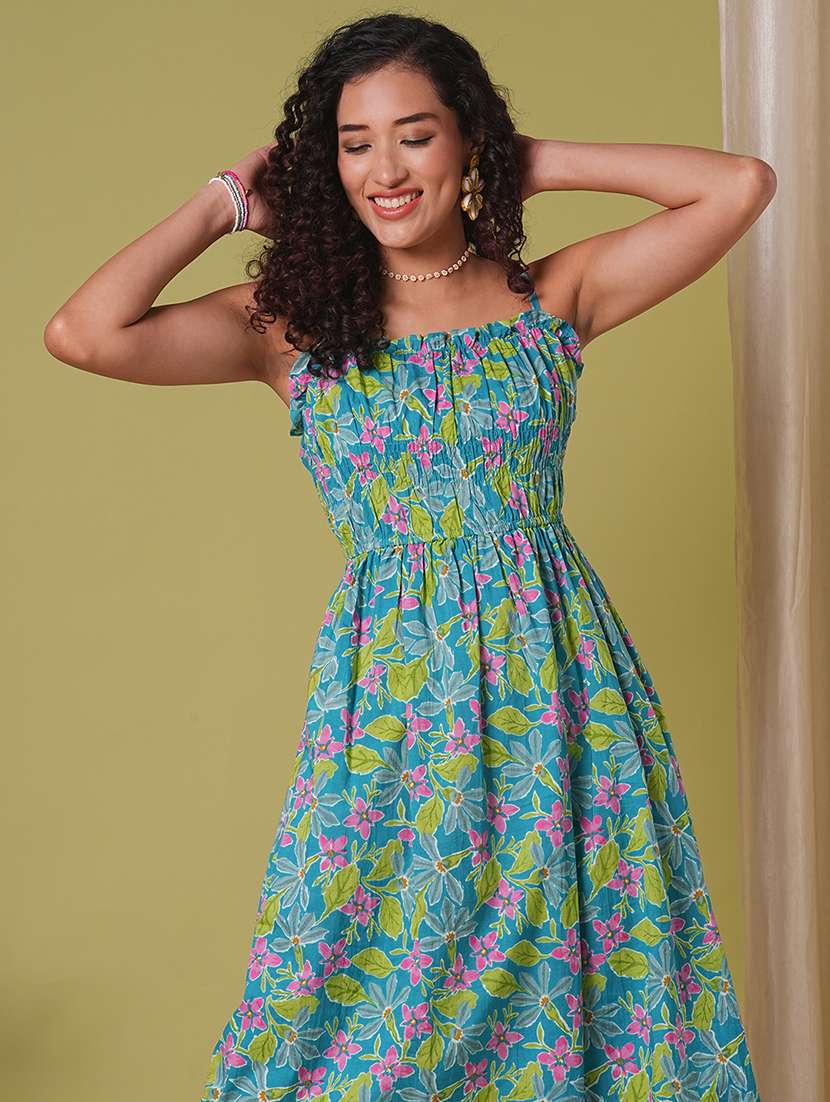 globus women teal floral print square neck strappy shoulder gathered fit & flare midi fusion dress - 21908504 -  Standard Image - 4
