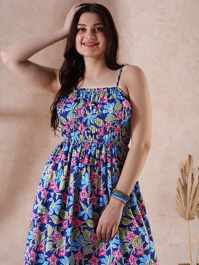 globus women navy blue floral print square neck strappy shoulder gathered fit & flare midi fusion dress - 21908505 -  Standard Image - 4