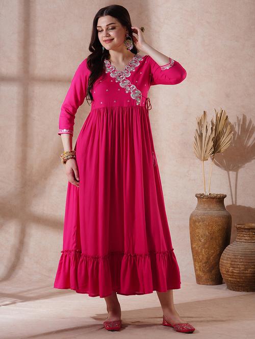 globus women pink embroidered scalloped v-neck tie-up detail tiered a-line midi festive dress - 21908506 -  Standard Image - 0