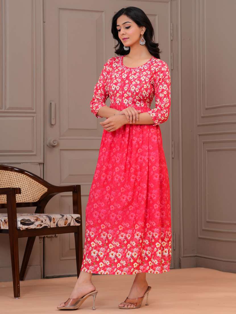 women three quarter sleeve flared ethnic dress - 21908842 -  Standard Image - 1