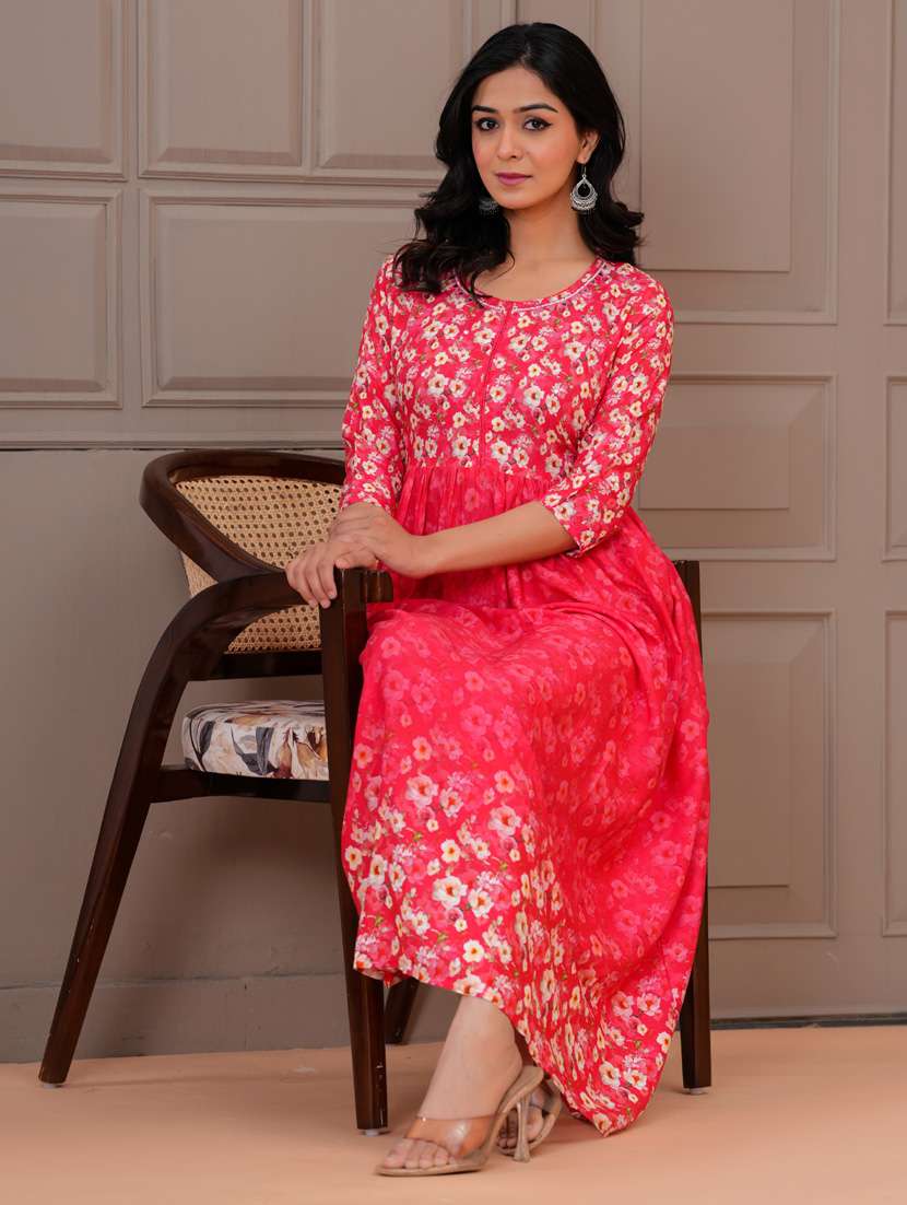 women three quarter sleeve flared ethnic dress - 21908842 -  Standard Image - 6