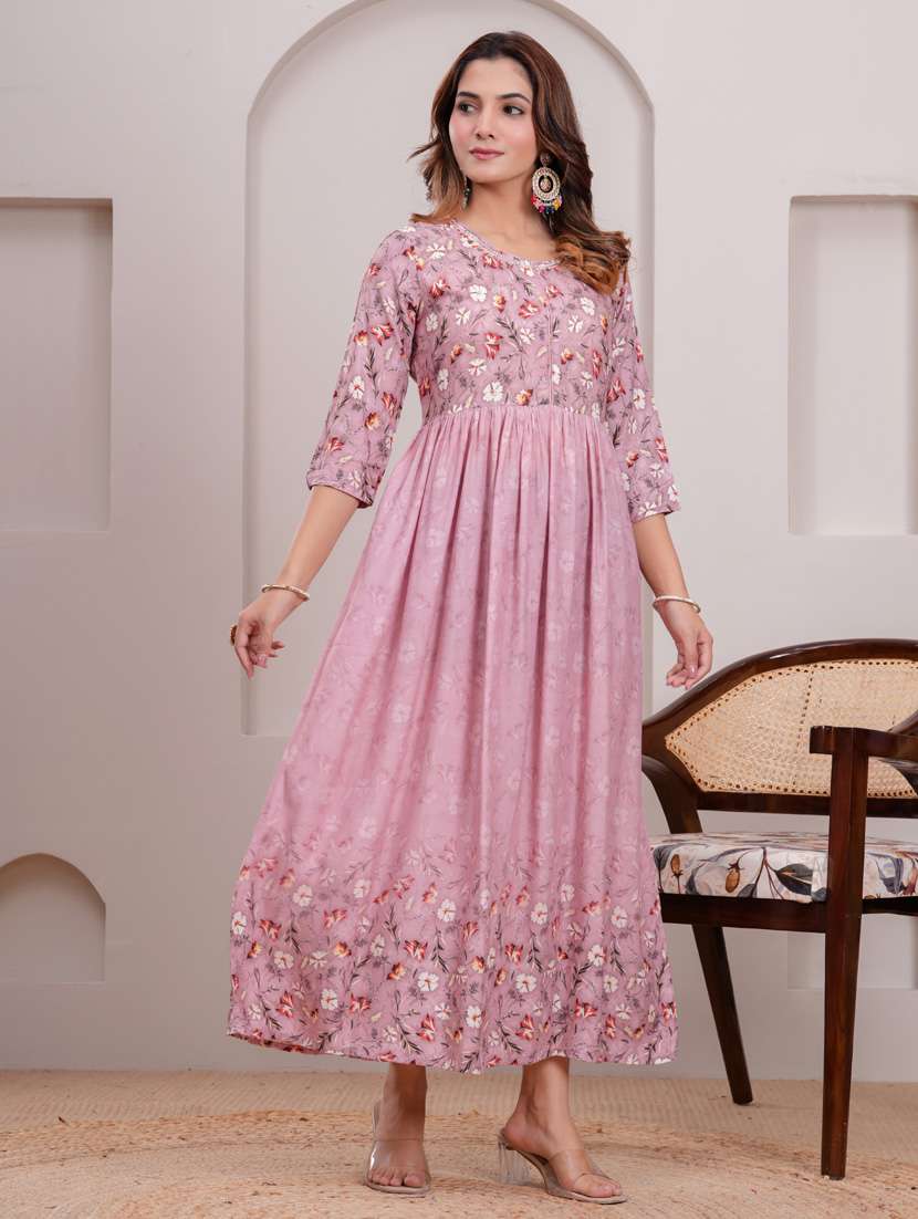 women three quarter sleeve flared ethnic dress - 21908843 -  Standard Image - 1