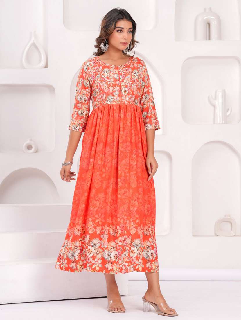 women three quarter sleeve flared ethnic dress - 21908846 -  Standard Image - 1