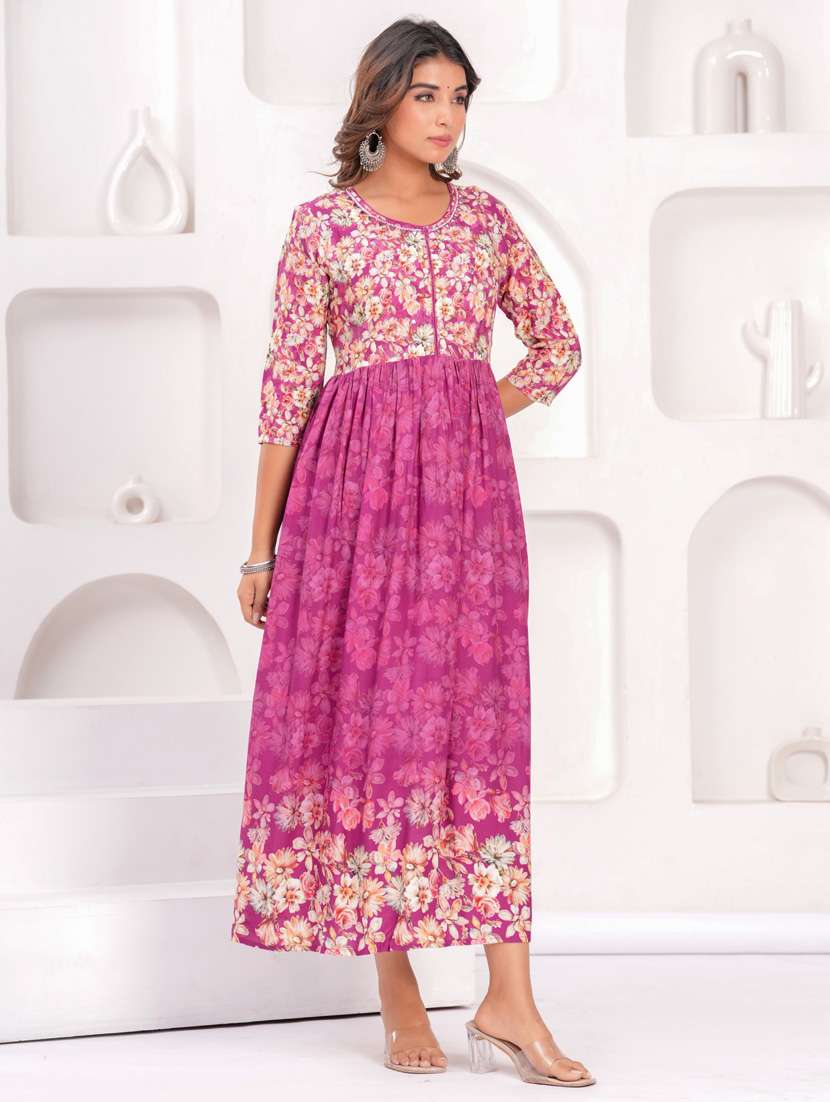 women three quarter sleeve flared ethnic dress - 21908847 -  Standard Image - 1