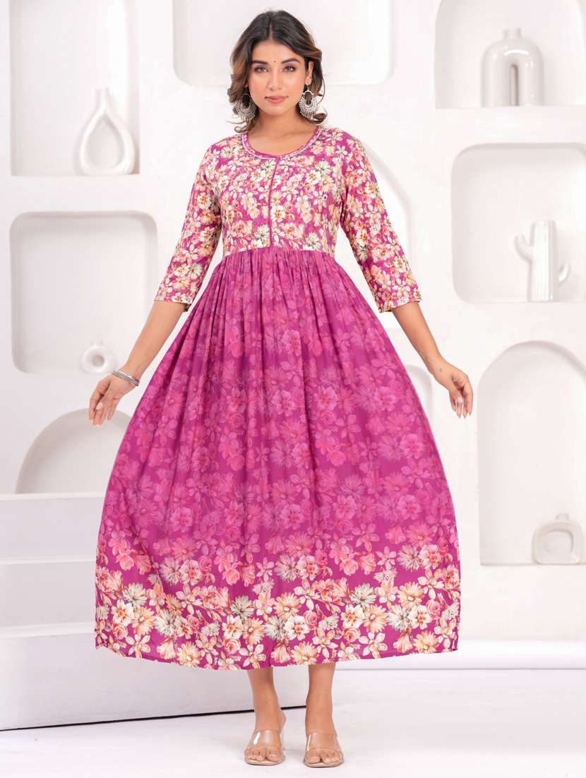 women three quarter sleeve flared ethnic dress - 21908847 -  Standard Image - 4