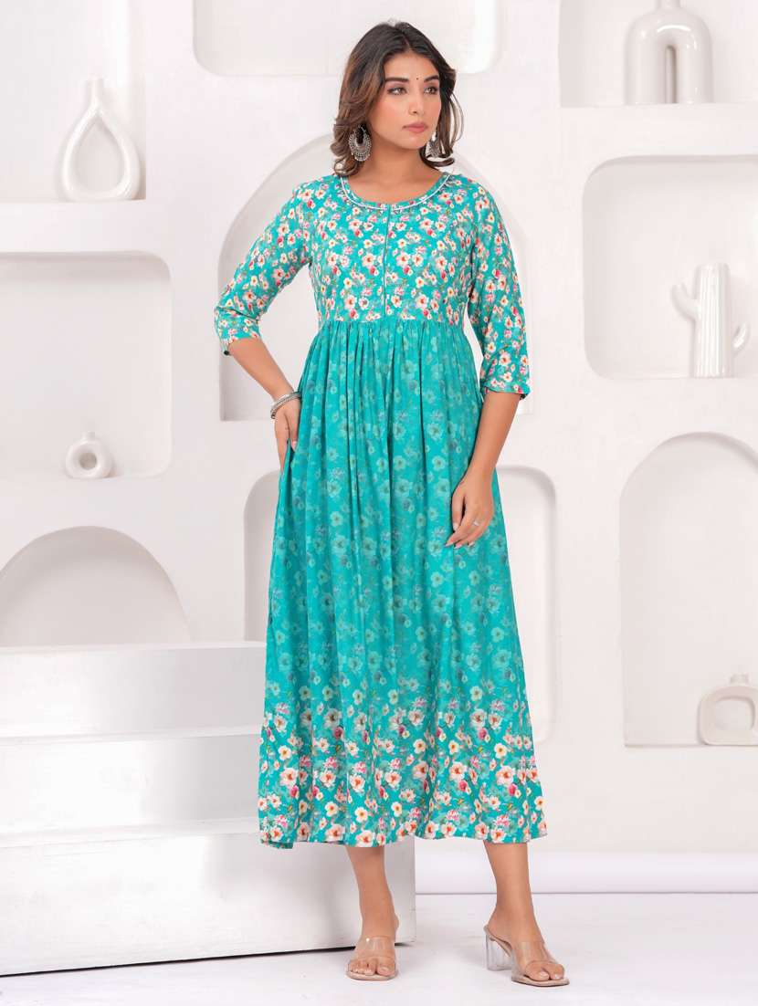 women three quarter sleeve flared ethnic dress - 21908848 -  Standard Image - 1