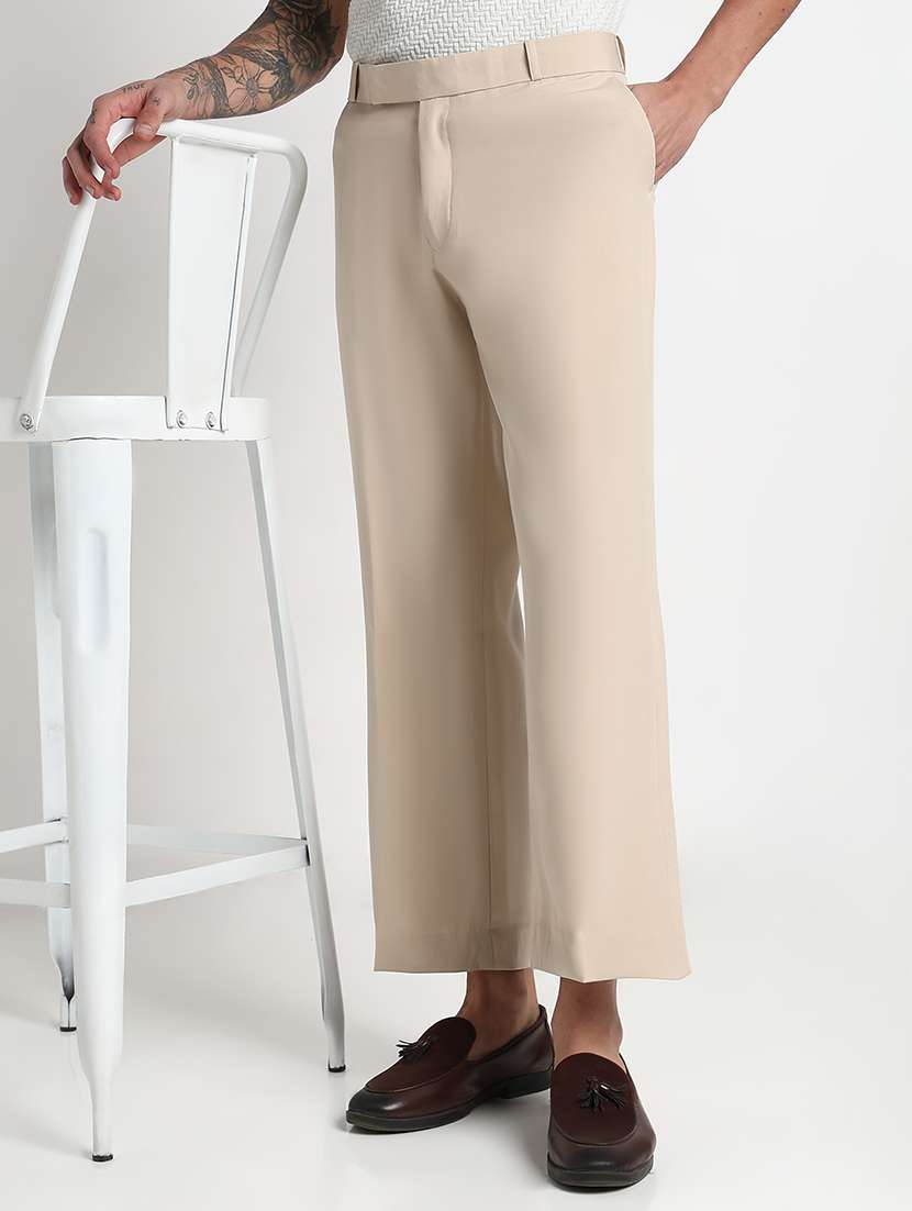 men solid mid rise flat front bootcut trouser