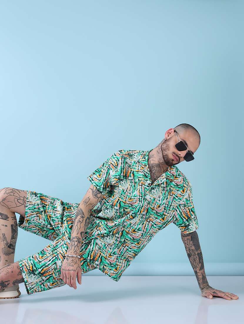 men cuban collar shorts & shirt co ords set