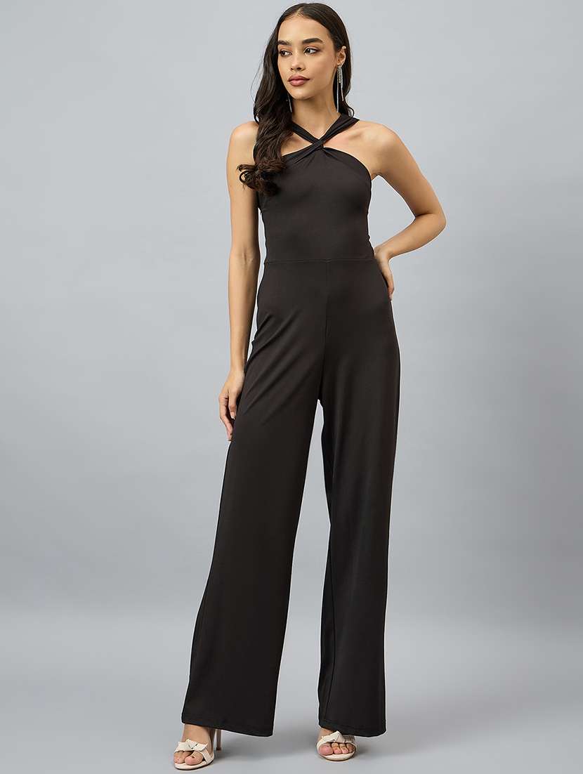 women solid hatter neck backless jumpsuit