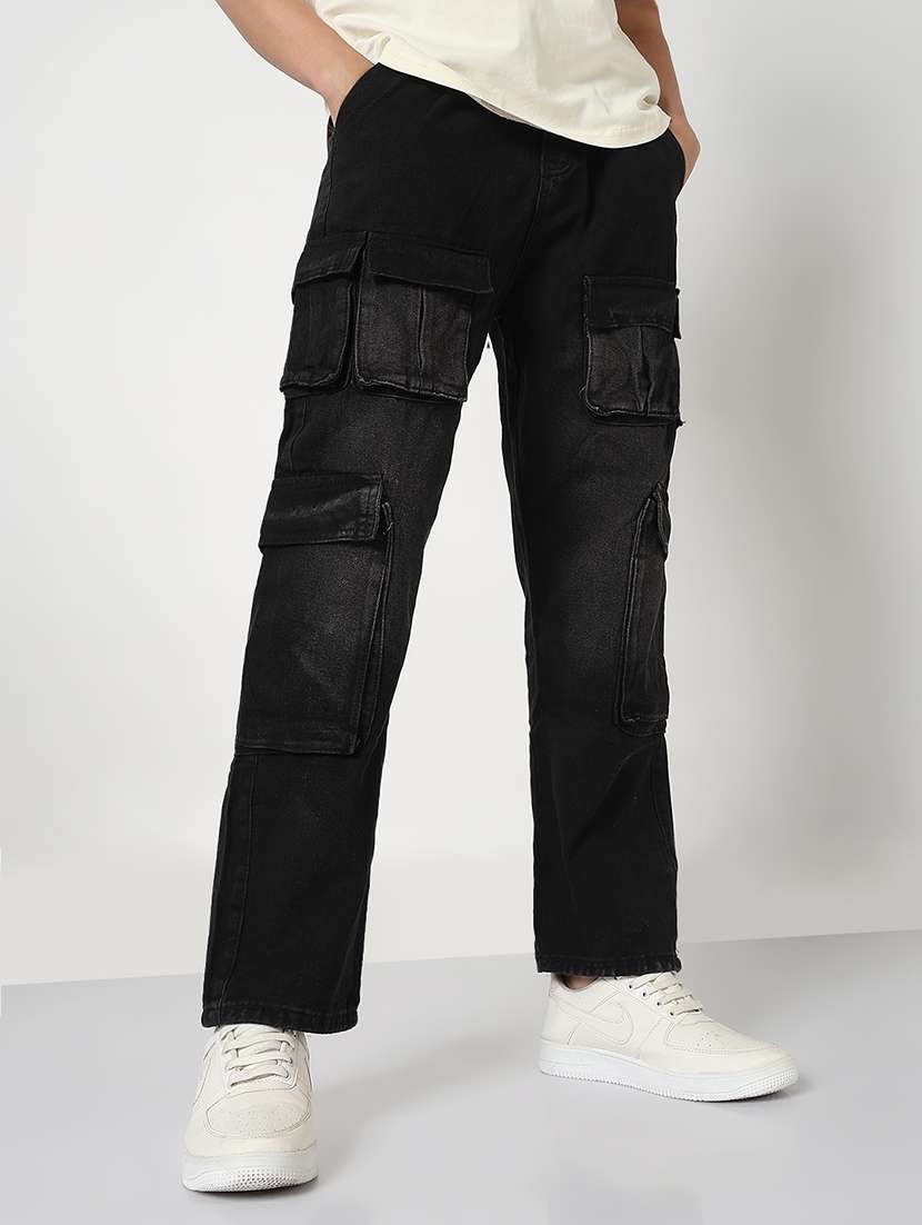 men solid mid rise denim cargo