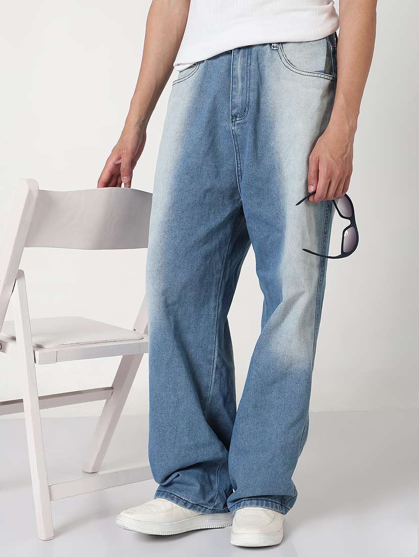men washed mid rise baggy jean