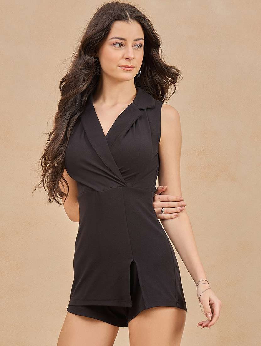 women solid lapel neck slim fit romper 