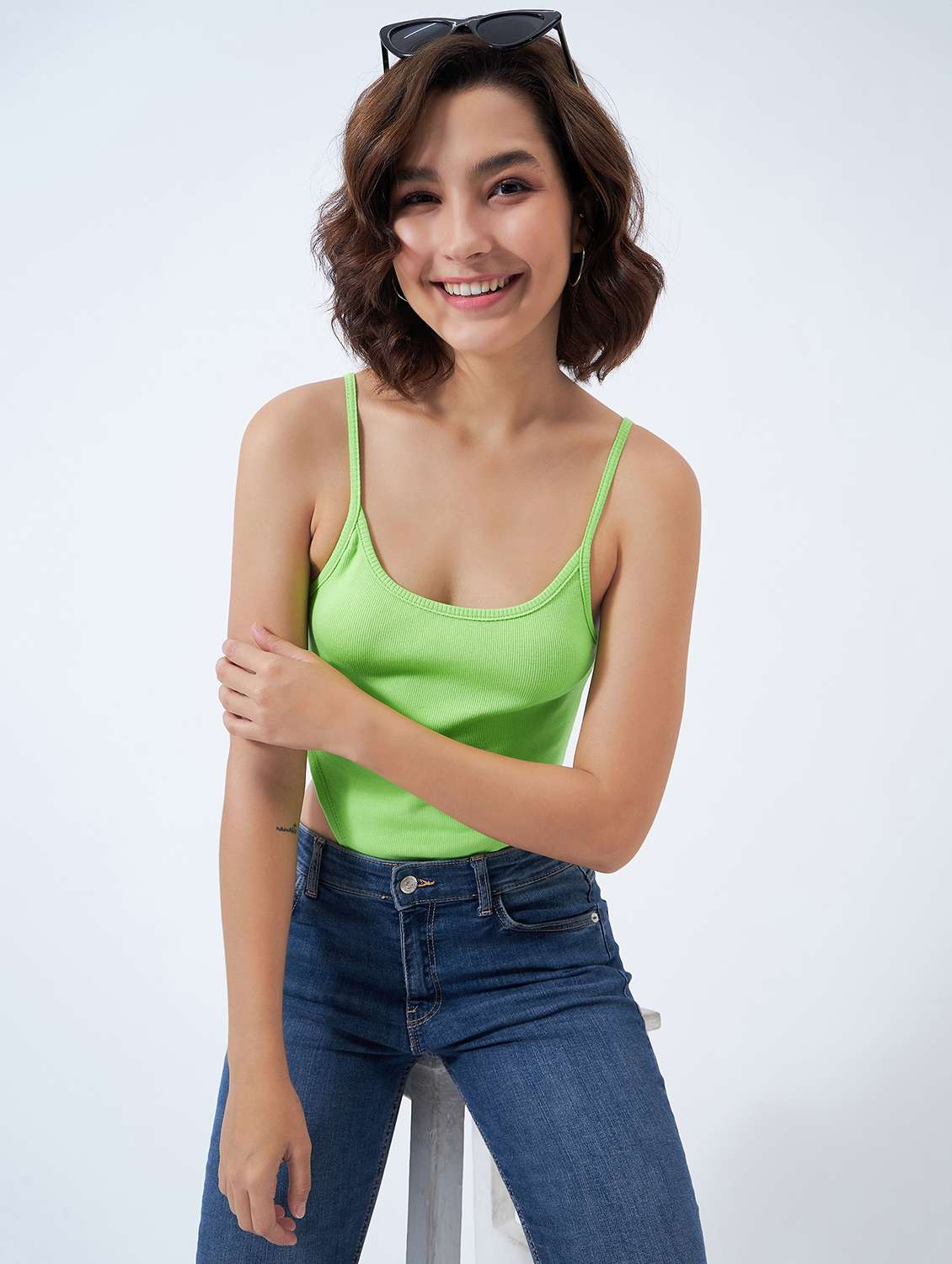 women solid shoulder strap bodysuit top