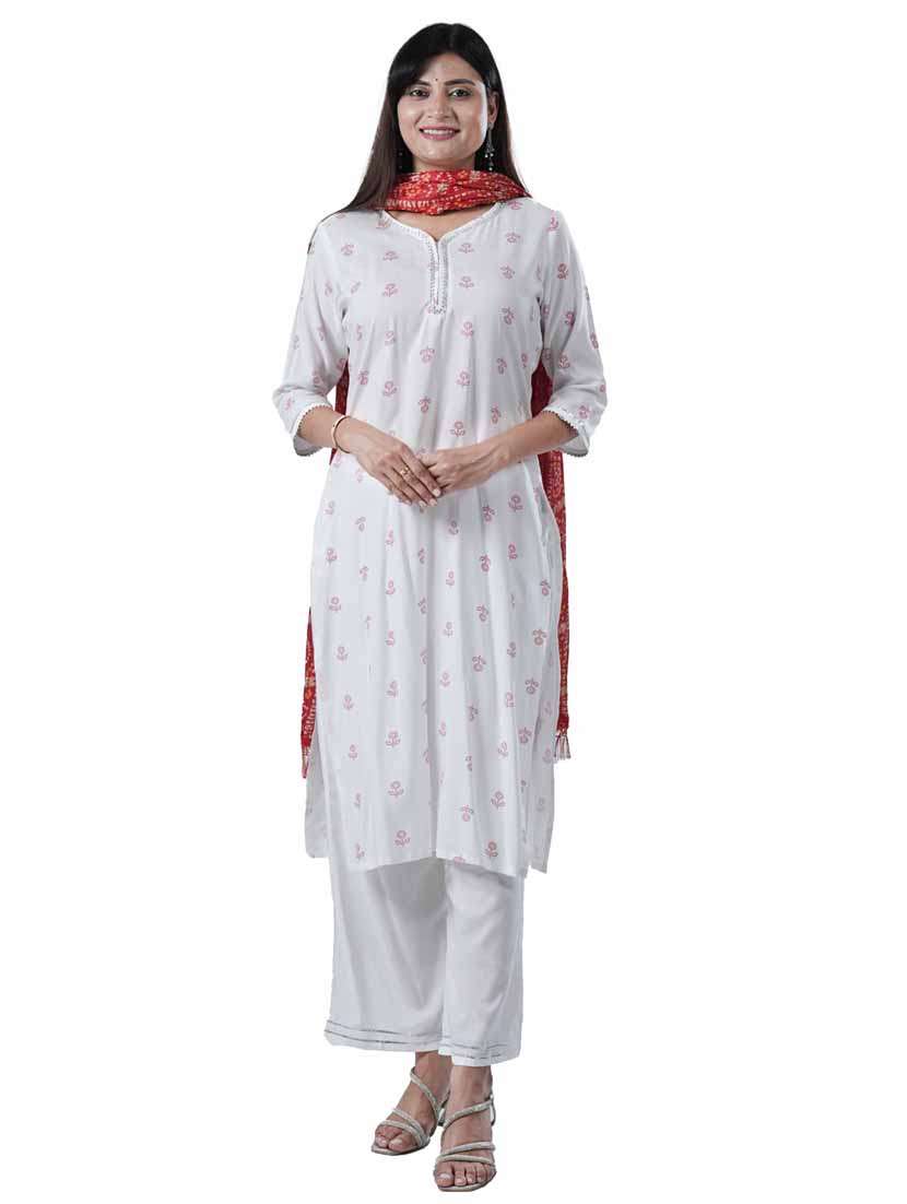 women three quarter sleeve kurta palazzo with dupatta set
