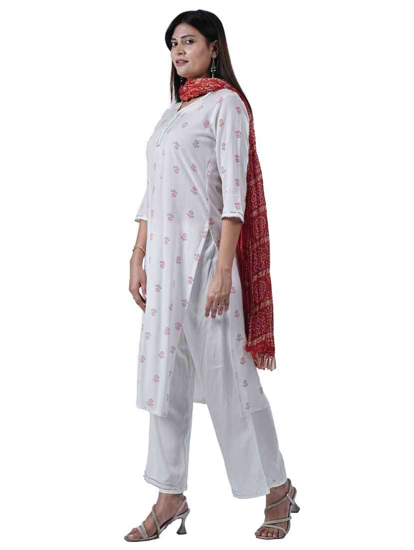 women three quarter sleeve kurta palazzo with dupatta set - 21909101 -  Standard Image - 1