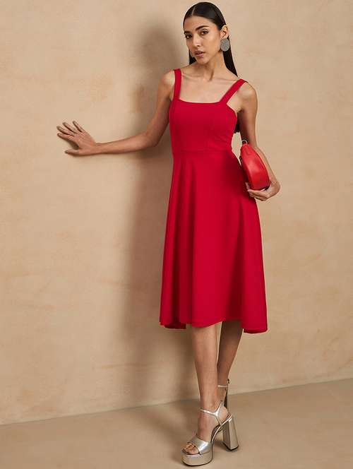 women solid shoulder strap fit & flare dress - 21909142 - Standard Image - 0