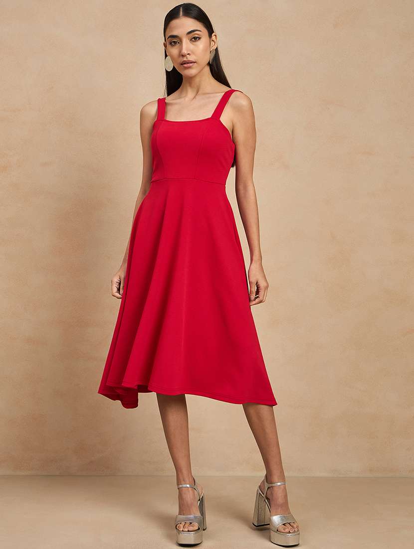 women solid shoulder strap fit & flare dress - 21909142 -  Standard Image - 1