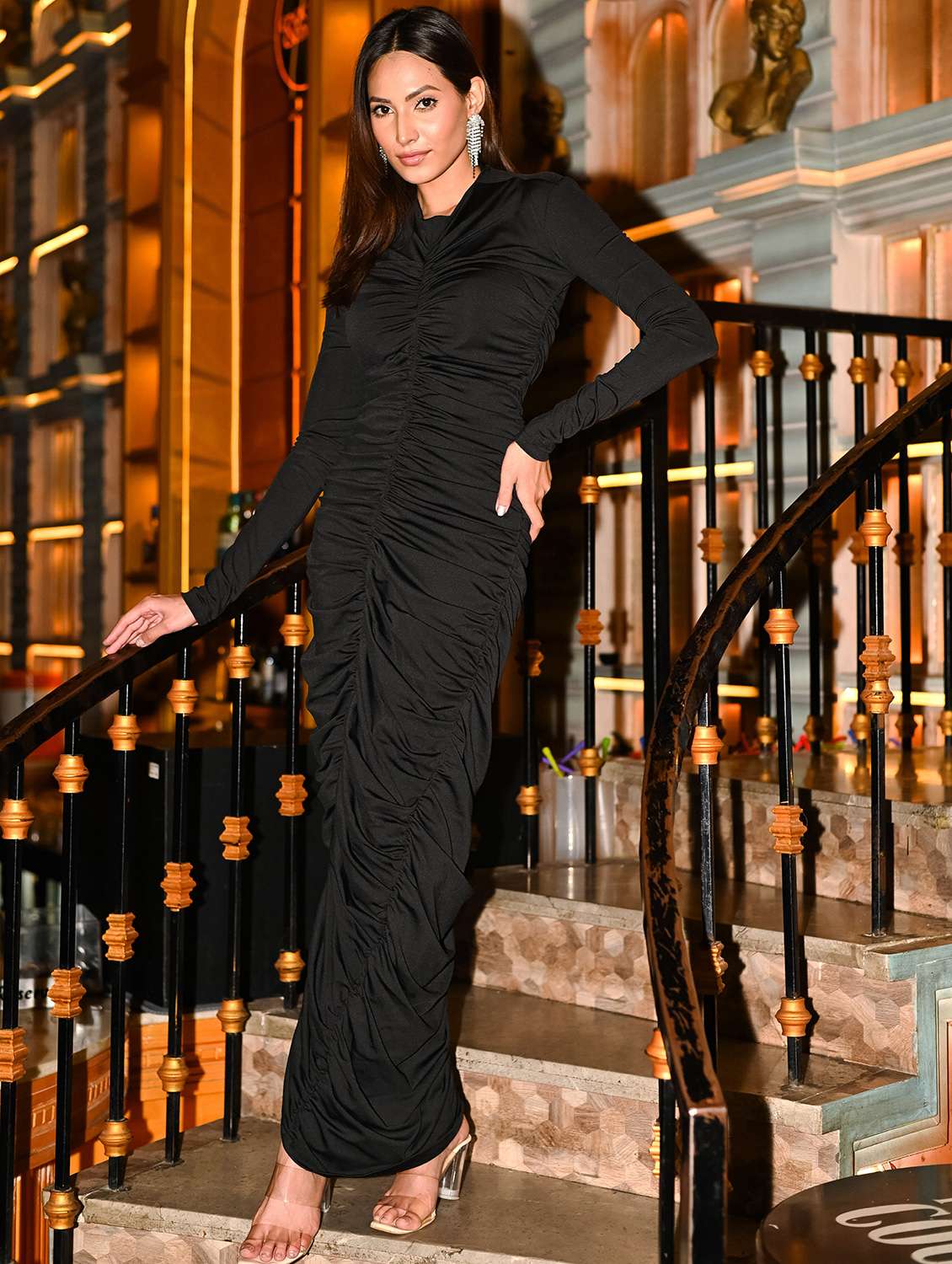 women solid long sleeve ruched bodycon dress - 21909154 -  Standard Image - 1